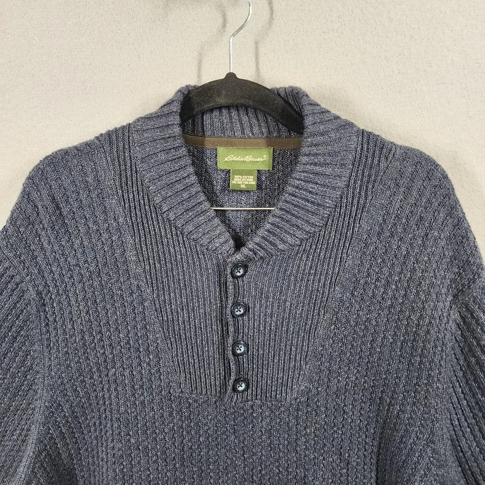 Eddie Bauer Mens Henley Pullover Sweater XL Blue 100% Cotton Knit Chunky Y2K - Picture 2 of 7